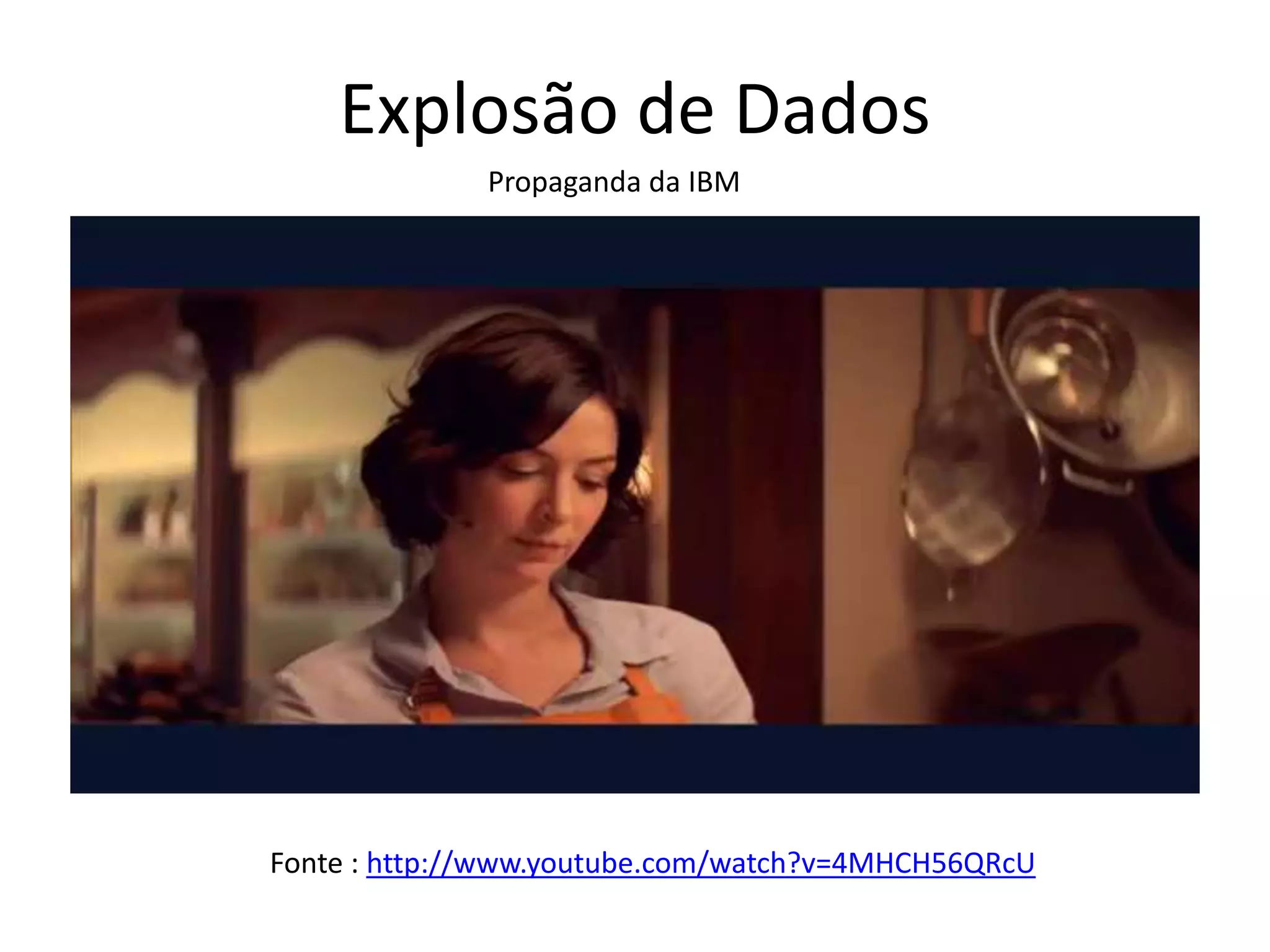 Explosão de Dados
Propaganda da IBM
Fonte : http://www.youtube.com/watch?v=4MHCH56QRcU
 