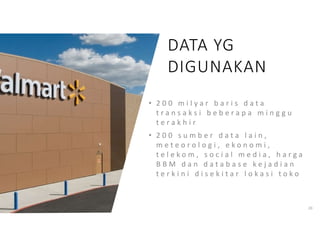 • 2 0 0 m i l y a r b a r i s d a t a
t r a n s a k s i b e b e r a p a m i n g g u
t e r a k h i r
• 2 0 0 s u m b e r d a t a l a i n ,
m e t e o r o l o g i , e k o n o m i ,
t e l e k o m , s o c i a l m e d i a , h a r g a
B B M d a n d a t a b a s e k e j a d i a n
t e r k i n i d i s e k i t a r l o k a s i t o k o
20
DATA YG
DIGUNAKAN
 