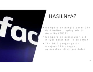29
• M e m p e r o l e h p a n g s a p a s a r 2 4 %
d a r i o n l i n e d i s p l a y a d s d i
A m e r i k a ( 2 0 1 4 )
• M e m p e r o l e h p e m a s u k a n 5 . 3
m i l y a r d o l a r d a r i i k l a n ( 2 0 1 4 )
• T h n 2 0 1 7 p a n g s a p a s a r
m e n j a d i 2 7 % d e n g a n
p e m a s u k a n 1 0 m i l y a r d o l a r
HASILNYA?
 