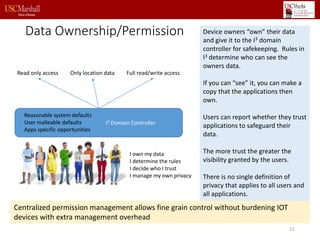 Data Ownership/Permission
11
I own my data
I determine the rules
I decide who I trust
I manage my own privacy
I3 Domain Controller
Read only access Only location data Full read/write access
Reasonable system defaults
User malleable defaults
Apps specific opportunities
Device owners “own” their data
and give it to the I3 domain
controller for safekeeping. Rules in
I3 determine who can see the
owners data.
If you can “see” it, you can make a
copy that the applications then
own.
Users can report whether they trust
applications to safeguard their
data.
The more trust the greater the
visibility granted by the users.
There is no single definition of
privacy that applies to all users and
all applications.
Centralized permission management allows fine grain control without burdening IOT
devices with extra management overhead
 