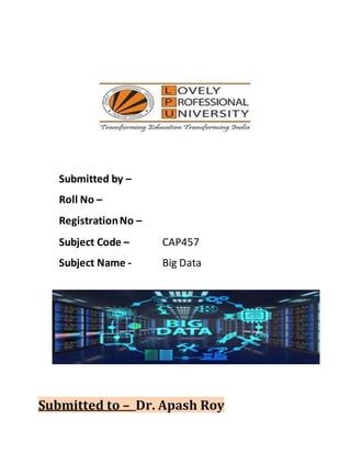 Submitted by –
Roll No –
RegistrationNo –
Subject Code – CAP457
Subject Name - Big Data
Submitted to – Dr. Apash Roy
 