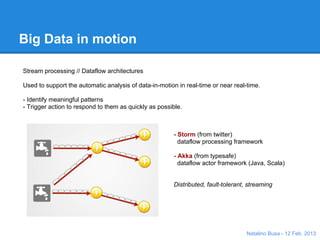 Big Data in motion

Stream processing // Dataflow architectures

Used to support the automatic analysis of data-in-motion in real-time or near real-time.

- Identify meaningful patterns
- Trigger action to respond to them as quickly as possible.



                                                       - Storm (from twitter)
                                                         dataflow processing framework
                                                         ++ multi-language

                                                       - Akka (from typesafe)
                                                         dataflow actor framework
                                                         ++ speed


                                                       Both are:
                                                       Distributed, fault-tolerant, streaming



                                                                                   Natalino Busa - 12 Feb. 2013
 