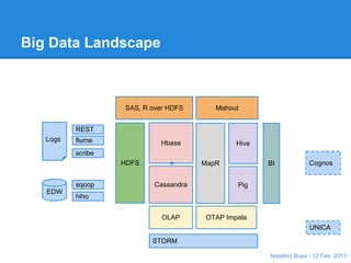 Big Data Landscape

                                           Machine Learning on Big Data



                    Unstructured
                                    SAS, R over HDFS                Mahout


                           REST
                  Logs     flume                 Hbase                    Hive
Data Interfaces




                           scribe                                                      ●   Batch Analytics
                                    HDFS                                               ●   Visualization
                                                               MapR              BI
                                                                                       ●   Monitoring
                                                                                       ●   Marketing
                           sqoop              Cassandra                   Pig
                  EDW
                           hiho

                    Unstructured
                                     FS          OLAP            OTAP Impala
                                                                                  ●   Real-Time Analytics
                                                                                  ●   Streaming
                                              STORM

                                                                                 Natalino Busa - 12 Feb. 2013
 