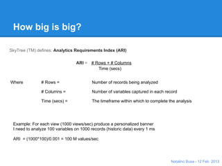 How big is big?

SkyTree (tm) defines: Analytics Requirements Index (ARI)

                                 ARI = # Rows × # Columns
                                          Time (secs)


Where          # Rows =                   Number of records being analyzed

               # Columns =                Number of variables captured in each record

               Time (secs) =              The timeframe within which to complete the analysis




 Example: For each view (1000 views/sec) produce a personalized banner
 I need to analyze 100 variables on 1000 records (historic data) every 1 ms

 ARI = (1000*100)/0.001 = 100 M values/sec




                                                                                  Natalino Busa - 12 Feb. 2013
 