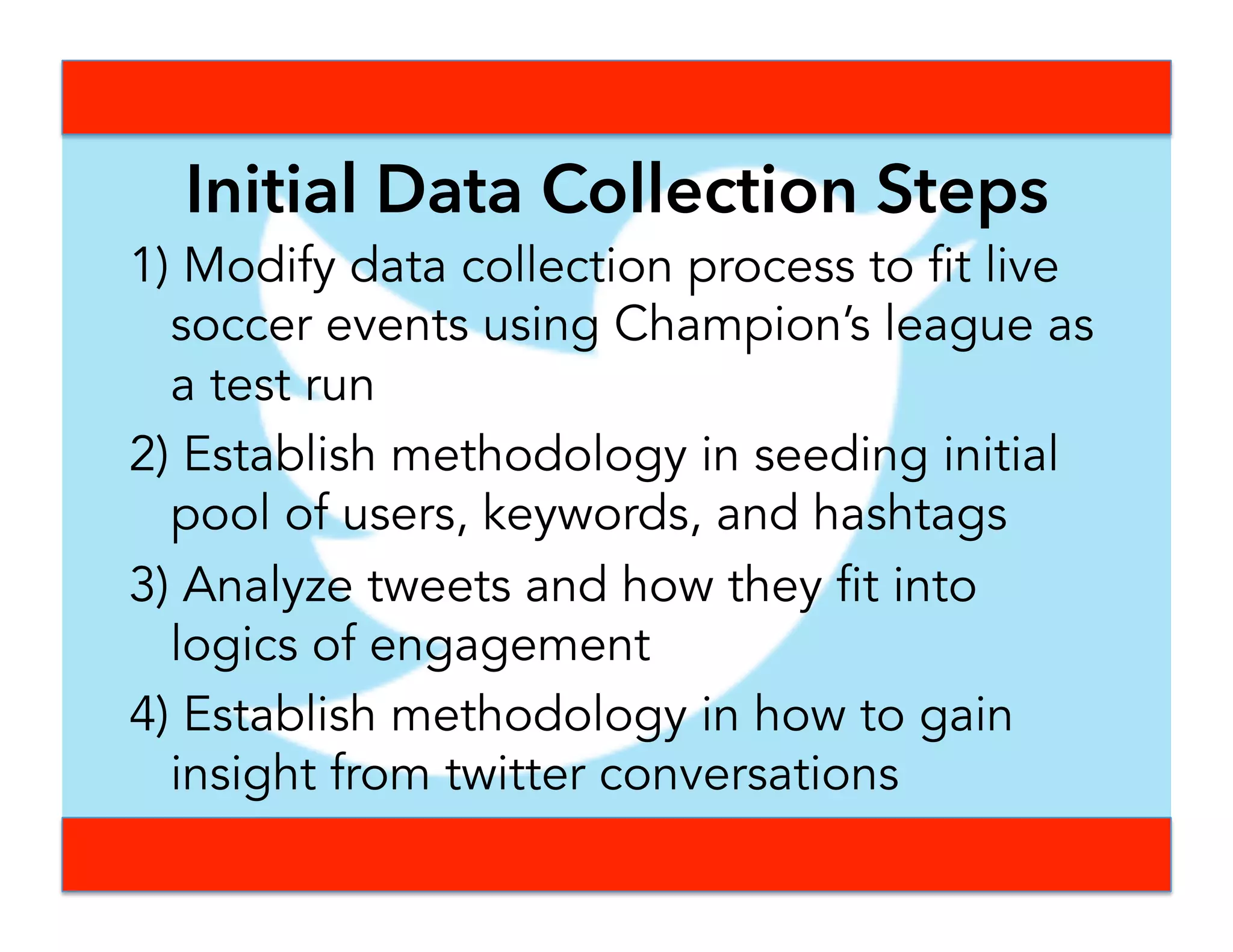 “Analyzing Big Data is a BIG JOB
with Many People” – Jake
Inputs & Equipment
Keywords,
hashtags, user
clusters file on
txt document
Dedicated
server system
colllecting
information
Engineering
Run and modify
Python script
Register Public
Screening API
Parse for
results
Live Viewing Team
Team to watch game and look for patterns
 