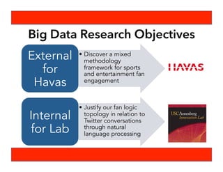 Initial Data Collection Steps
1) Modify data collection process to fit live
soccer events using Champion’s league as
a test run
2) Establish methodology in seeding initial
pool of users, keywords, and hashtags
3) Analyze tweets and how they fit into
logics of engagement
4) Establish methodology in how to gain
insight from twitter conversations
 
