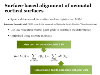 Surface-based alignment of neonatal
cortical surfaces
• Spherical framework for cortical surface registration: MSM
• Use l...
