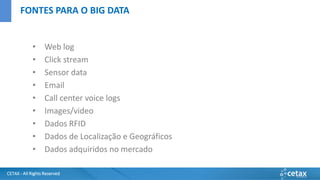CETAX - All Rights Reserved
• Web log
• Click stream
• Sensor data
• Email
• Call center voice logs
• Images/video
• Dados RFID
• Dados de Localização e Geográficos
• Dados adquiridos no mercado
FONTES PARA O BIG DATA
 