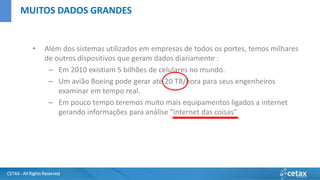 CETAX - All Rights Reserved
• Além dos sistemas utilizados em empresas de todos os portes, temos milhares
de outros dispositivos que geram dados diariamente :
– Em 2010 existiam 5 bilhões de celulares no mundo.
– Um avião Boeing pode gerar até 20 TB/hora para seus engenheiros
examinar em tempo real.
– Em pouco tempo teremos muito mais equipamentos ligados a internet
gerando informações para análise “internet das coisas”
MUITOS DADOS GRANDES
 