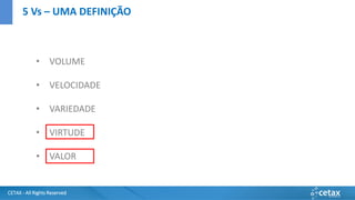 CETAX - All Rights Reserved
• VOLUME
• VELOCIDADE
• VARIEDADE
• VIRTUDE
• VALOR
5 Vs – UMA DEFINIÇÃO
 