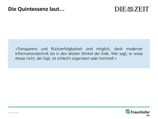 Die Quintessenz laut…

»Transparenz und Rückverfolgbarkeit sind möglich, dank moderner
Informationstechnik bis in den letzten Winkel der Erde. Wer sagt, er wisse
etwas nicht, der lügt, ist schlecht organisiert oder kriminell.«

© Fraunhofer

 