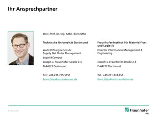 Ihr Ansprechpartner

Univ.-Prof. Dr. Ing. habil. Boris Otto
Technis che Univ ers ität Dortm und

Fraunhofer-Ins titut für Materialflus s
und Logis tik

Audi-Stiftungslehrstuhl
Supply Net Order Management

Director Information Management &
Engineering

LogistikCampus
Joseph-v.-Fraunhofer-Straße 2-4
D-44227 Dortmund

D-44227 Dortmund

Tel.: +49-231-755-5959

Tel.: +49-231-943-655

Boris.Otto@tu-dortmund.de

© Fraunhofer

Joseph-v.-Fraunhofer-Straße 2-4

Boris.Otto@iml.fraunhofer.de

 