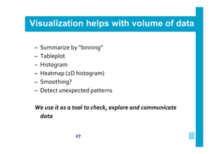 Visualization helps with volume of data
–
–
–
–
–
–

Summarize by “binning”
Tableplot
Histogram
Heatmap (2D histogram)
Smoothing?
Detect unexpected patterns

We use it as a tool to check, explore and communicate
data
27

 