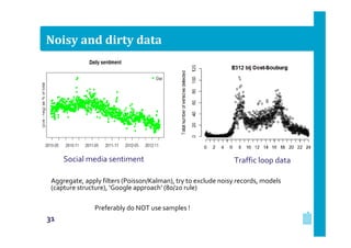 Noisy and dirty data

Social media sentiment

Traffic loop data

Aggregate, apply filters (Poisson/Kalman), try to exclude noisy records, models
(capture structure), ‘Google approach’ (80/20 rule)
Preferably do NOT use samples !

31

 