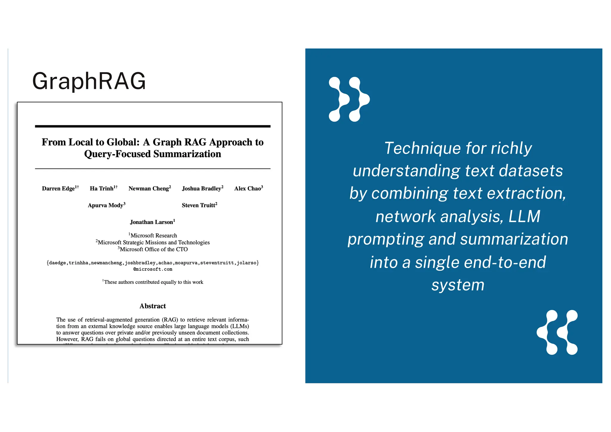 GraphRAG
Technique for richly
understanding text datasets
by combining text extraction,
network analysis, LLM
prompting and summarization
into a single end-to-end
system
 