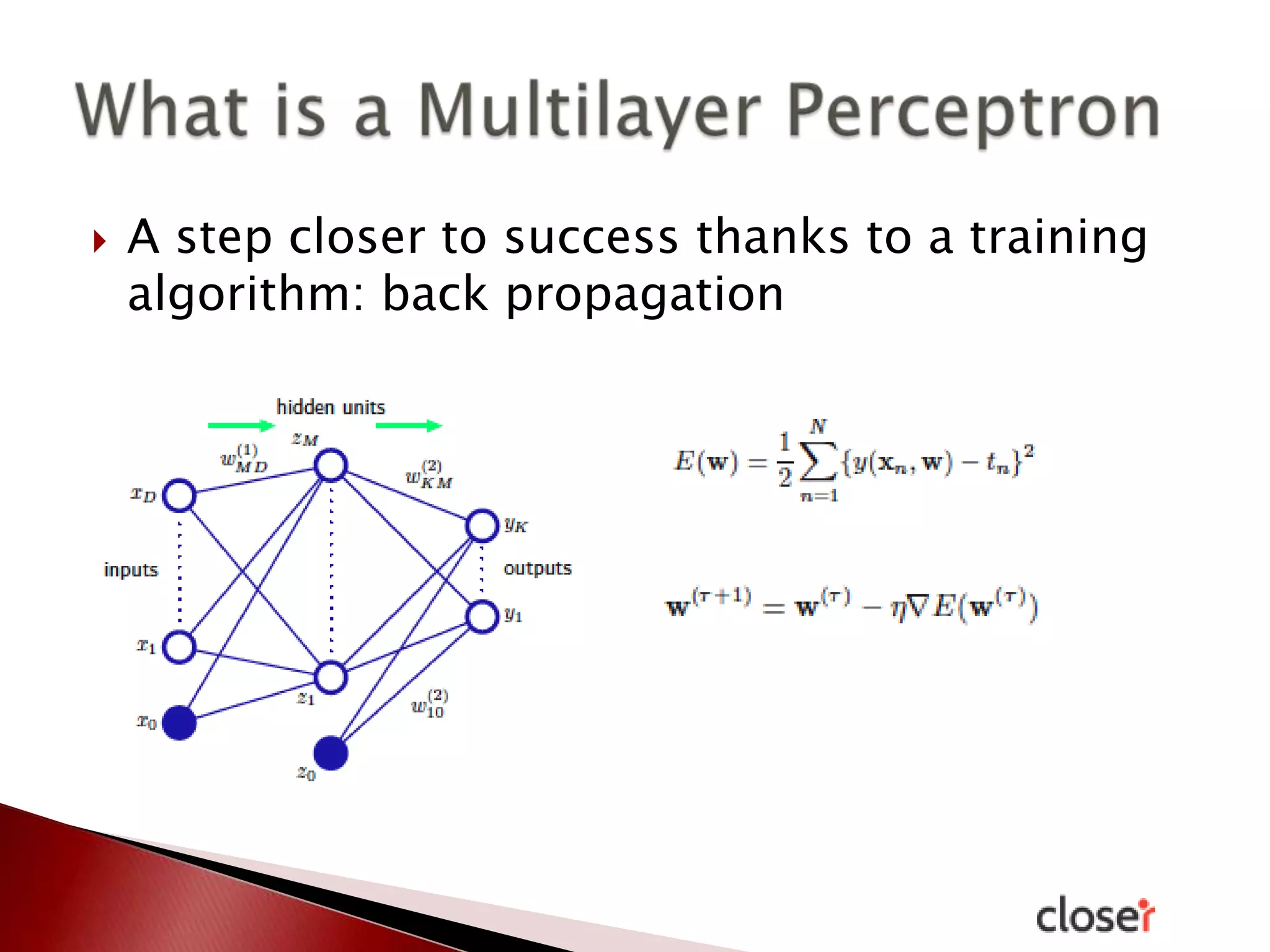 

A step closer to success thanks to a training
algorithm: back propagation

 