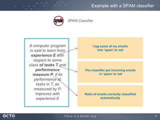 17
A computer program
is said to learn from
experience E with
respect to some
class of tasks T and
performance
measure P, if its
performance at
tasks in T, as
measured by P,
improves with
experience E
Example with a SPAM classifier
I tag some of my emails
into ‘spam’ or not
Ratio of emails correctly classified
automatically
The classifier put incoming emails
in ‘spam’ or not
SPAM Classifier
 