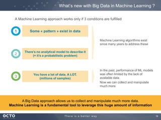 18
A Machine Learning approach works only if 3 conditions are fulfilled
What’s new with Big Data in Machine Learning ?
Some « pattern » exist in data
You have a lot of data. A LOT.
(millions of samples)
There’s no analytical model to describe it
(= it’s a probabilistic problem)
A Big Data approach allows us to collect and manipulate much more data.
Machine Learning is a fundamental tool to leverage this huge amount of information
1
2
3
Machine Learning algorithms exist
since many years to address these
In the past, performance of ML models
was often limited by the lack of
available data.
Now we can collect and manipulate
much more
 