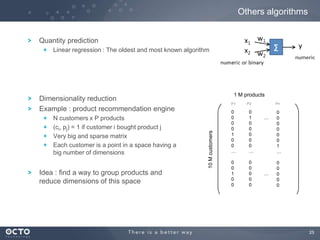 25
Dimensionality reduction
Example : product recommendation engine
N customers x P products
(ci, pj) = 1 if customer i bought product j
Very big and sparse matrix
Each customer is a point in a space having a
big number of dimensions
Idea : find a way to group products and
reduce dimensions of this space
Others algorithms
0
0
0
0
1
0
0
…
0
0
1
0
0
1 M products
10Mcustomers
P1 P2 Pn
…
…
0
1
0
0
0
0
0
…
0
0
0
0
0
0
0
0
0
0
0
1
…
0
0
0
0
0
Quantity prediction
Linear regression : The oldest and most known algorithm
 