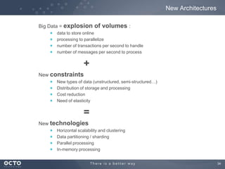 34
Big Data = explosion of volumes :
data to store online
processing to parallelize
number of transactions per second to handle
number of messages per second to process
+
New constraints
New types of data (unstructured, semi-structured…)
Distribution of storage and processing
Cost reduction
Need of elasticity
=
New technologies
Horizontal scalability and clustering
Data partitioning / sharding
Parallel processing
In-memory processing
New Architectures
 