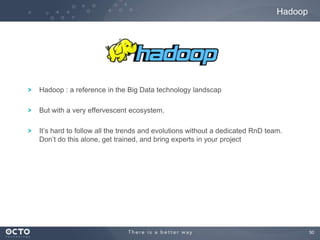 50
Hadoop : a reference in the Big Data technology landscap
But with a very effervescent ecosystem.
It’s hard to follow all the trends and evolutions without a dedicated RnD team.
Don’t do this alone, get trained, and bring experts in your project
Hadoop
 