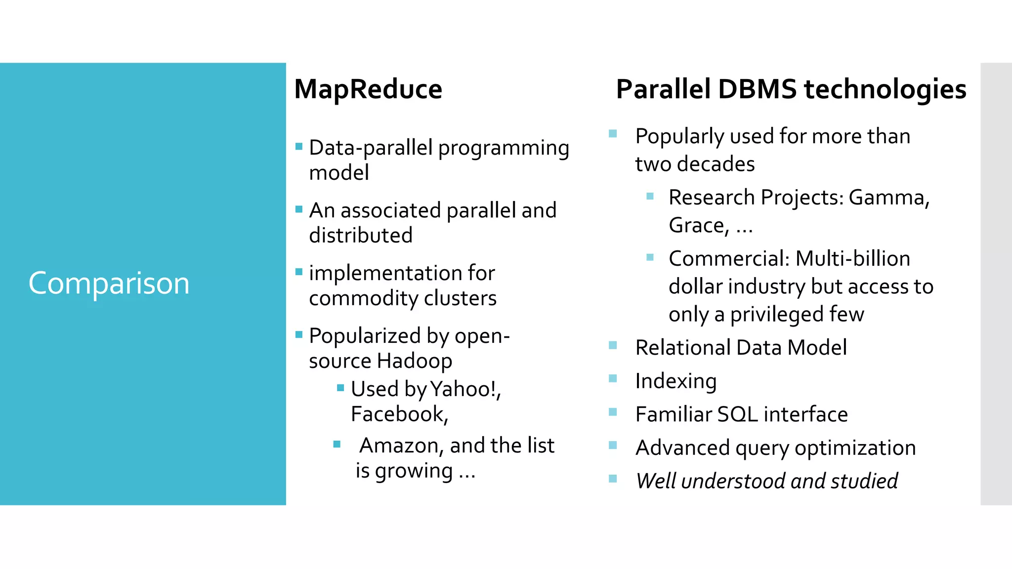 MapReduce Parallel DBMS technologies
 Data-parallel programming
model
 An associated parallel and
distributed
 implementation for
commodity clusters
 Popularized by open-
source Hadoop
 Used byYahoo!,
Facebook,
 Amazon, and the list
is growing …
 Popularly used for more than
two decades
 Research Projects: Gamma,
Grace, …
 Commercial: Multi-billion
dollar industry but access to
only a privileged few
 Relational Data Model
 Indexing
 Familiar SQL interface
 Advanced query optimization
 Well understood and studied
Comparison
 