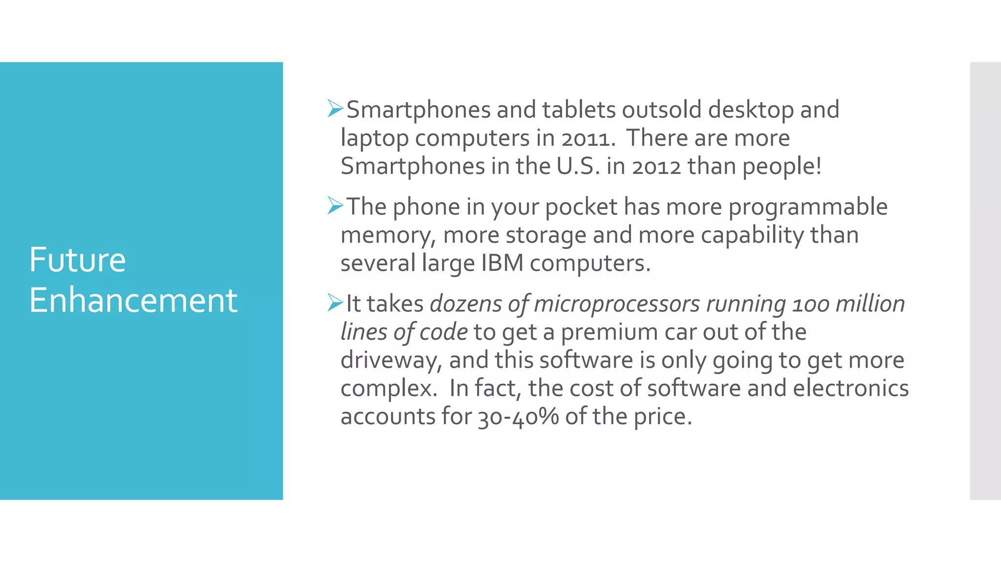 Future
Enhancement
Smartphones and tablets outsold desktop and
laptop computers in 2011. There are more
Smartphones in the U.S. in 2012 than people!
The phone in your pocket has more programmable
memory, more storage and more capability than
several large IBM computers.
It takes dozens of microprocessors running 100 million
lines of code to get a premium car out of the
driveway, and this software is only going to get more
complex. In fact, the cost of software and electronics
accounts for 30-40% of the price.
 