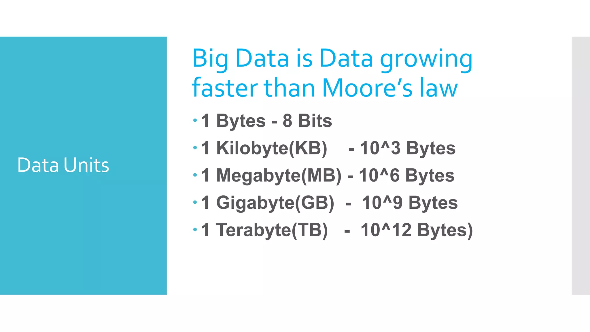 DataUnits
Big Data is Data growing
faster than Moore’s law
1 Bytes - 8 Bits
1 Kilobyte(KB) - 10^3 Bytes
1 Megabyte(MB) - 10^6 Bytes
1 Gigabyte(GB) - 10^9 Bytes
1 Terabyte(TB) - 10^12 Bytes)
 