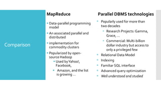 MapReduce Parallel DBMS technologies
 Data-parallel programming
model
 An associated parallel and
distributed
 implementation for
commodity clusters
 Popularized by open-
source Hadoop
 Used byYahoo!,
Facebook,
 Amazon, and the list
is growing …
 Popularly used for more than
two decades
 Research Projects: Gamma,
Grace, …
 Commercial: Multi-billion
dollar industry but access to
only a privileged few
 Relational Data Model
 Indexing
 Familiar SQL interface
 Advanced query optimization
 Well understood and studied
Comparison
 