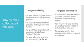 Why are they
collecting all
this data?
Target Marketing
 To send you catalogs for exactly
the merchandise you typically
purchase.
 To suggest medications that
precisely match your medical
history.
 To “push” television channels to
your set instead of your
“pulling” them in.
 To send advertisements on
those channels just for us!
Targeted Information
 To know what you need before
you even know you need it
based on past purchasing
habits!
 To notify you of your expiring
driver’s license or credit cards
or last refill on a Rx, etc.
 To give you turn-by-turn
directions to a shelter in case of
emergency.
 