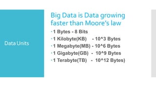 DataUnits
Big Data is Data growing
faster than Moore’s law
1 Bytes - 8 Bits
1 Kilobyte(KB) - 10^3 Bytes
1 Megabyte(MB) - 10^6 Bytes
1 Gigabyte(GB) - 10^9 Bytes
1 Terabyte(TB) - 10^12 Bytes)
 