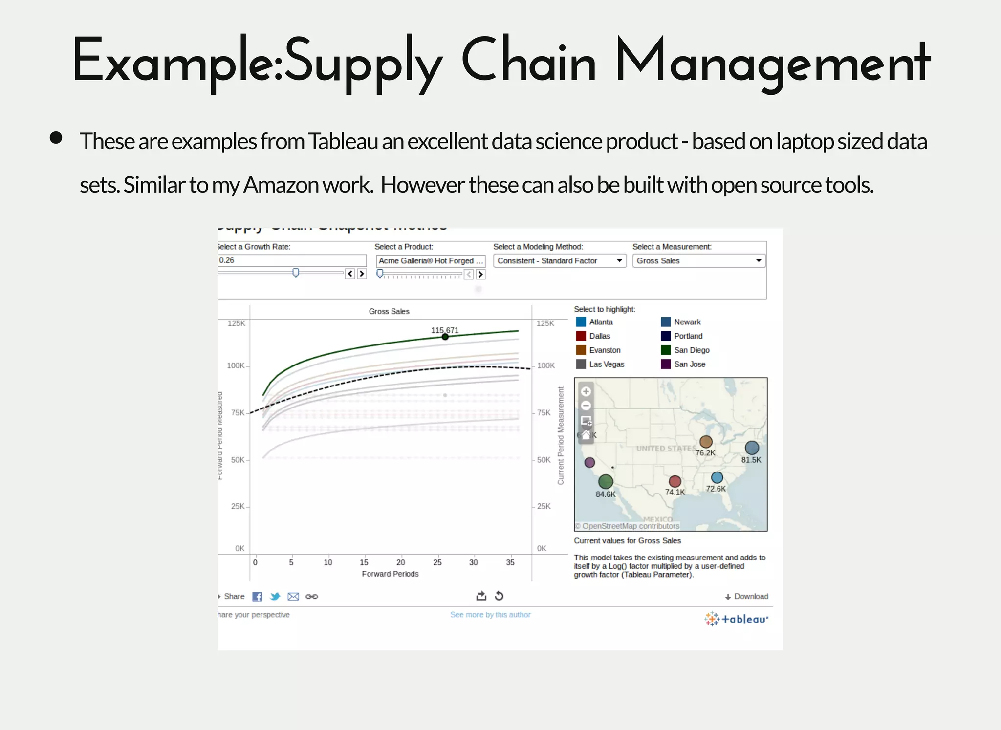 Example:Supply Chain ManagementExample:Supply Chain Management
TheseareexamplesfromTableauanexcellentdatascienceproduct-basedonlaptopsizeddata
sets.SimilartomyAmazonwork. Howeverthesecanalsobebuiltwithopensourcetools.
 