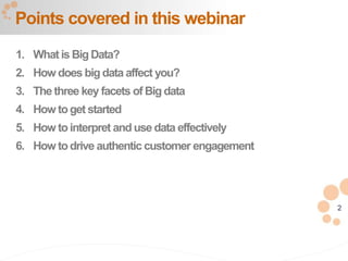 2
1. What is Big Data?
2. How does big data affect you?
3. The three key facets of Big data
4. How toget started
5. How tointerpret and use data effectively
6. How todrive authentic customer engagement
Points covered in this webinar
 