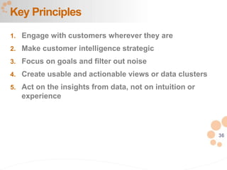 36
1. Engage with customers wherever they are
2. Make customer intelligence strategic
3. Focus on goals and filter out noise
4. Create usable and actionable views or data clusters
5. Act on the insights from data, not on intuition or
experience
Key Principles
 