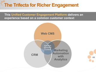 44
The Trifecta for Richer Engagement
This Unified Customer Engagement Platform delivers an
experience based on a common customer context
Web CMS
Marketing
Automation
with
Analytics
CRM
Common
Customer
Context
 