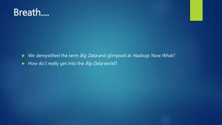 Breath....
 We demystified the term Big Data and glimpsed at Hadoop. Now What?
 How do I really get into the Big Data world?
 