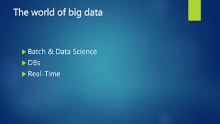 The world of big data
 Batch & Data Science
 DBs
 Real-Time
 