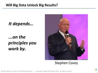 Will Big Data Unlock Big Results?




           It depends…

           ...on the
           principles you
           work by.

                                                                                 Stephen Covey

Big Data Meets Customer Profitability Analytics | Copyright Fitzgerald Analytics 2012, all rights reserved   10
 