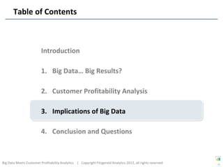 Table of Contents



                         Introduction

                         1. Big Data… Big Results?

                         2. Customer Profitability Analysis

                         3. Implications of Big Data

                         4. Conclusion and Questions



Big Data Meets Customer Profitability Analytics | Copyright Fitzgerald Analytics 2012, all rights reserved   31
 