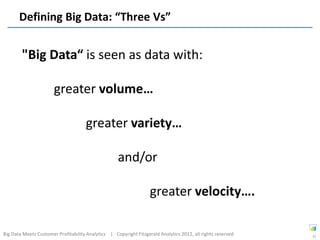 Defining Big Data: “Three Vs”


        "Big Data“ is seen as data with:

                       greater volume…

                                      greater variety…

                                                    and/or

                                                                   greater velocity….

Big Data Meets Customer Profitability Analytics | Copyright Fitzgerald Analytics 2012, all rights reserved   32
 