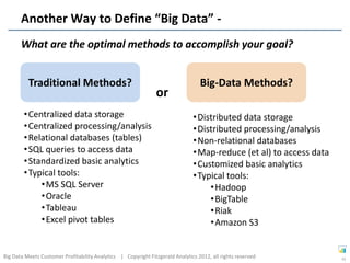 Another Way to Define “Big Data” -
       What are the optimal methods to accomplish your goal?


          Traditional Methods?                                                    Big-Data Methods?
                                                                or
        • Centralized data storage                                             • Distributed data storage
        • Centralized processing/analysis                                      • Distributed processing/analysis
        • Relational databases (tables)                                        • Non-relational databases
        • SQL queries to access data                                           • Map-reduce (et al) to access data
        • Standardized basic analytics                                         • Customized basic analytics
        • Typical tools:                                                       • Typical tools:
             • MS SQL Server                                                        • Hadoop
             • Oracle                                                               • BigTable
             • Tableau                                                              • Riak
             • Excel pivot tables                                                   • Amazon S3


Big Data Meets Customer Profitability Analytics | Copyright Fitzgerald Analytics 2012, all rights reserved           33
 