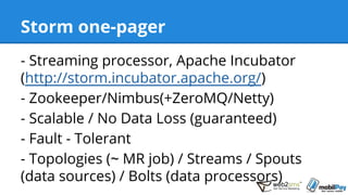 Storm one-pager
- Streaming processor, Apache Incubator
(http://storm.incubator.apache.org/)
- Zookeeper/Nimbus(+ZeroMQ/Netty)
- Scalable / No Data Loss (guaranteed)
- Fault - Tolerant
- Topologies (~ MR job) / Streams / Spouts
(data sources) / Bolts (data processors)
 