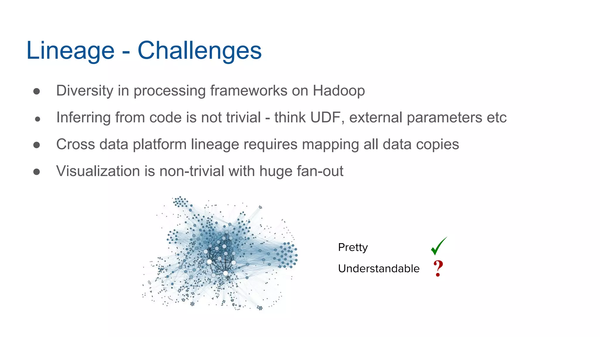 Lineage - Challenges
● Diversity in processing frameworks on Hadoop
● Inferring from code is not trivial - think UDF, external parameters etc
● Cross data platform lineage requires mapping all data copies
● Visualization is non-trivial with huge fan-out
Pretty
Understandable
 