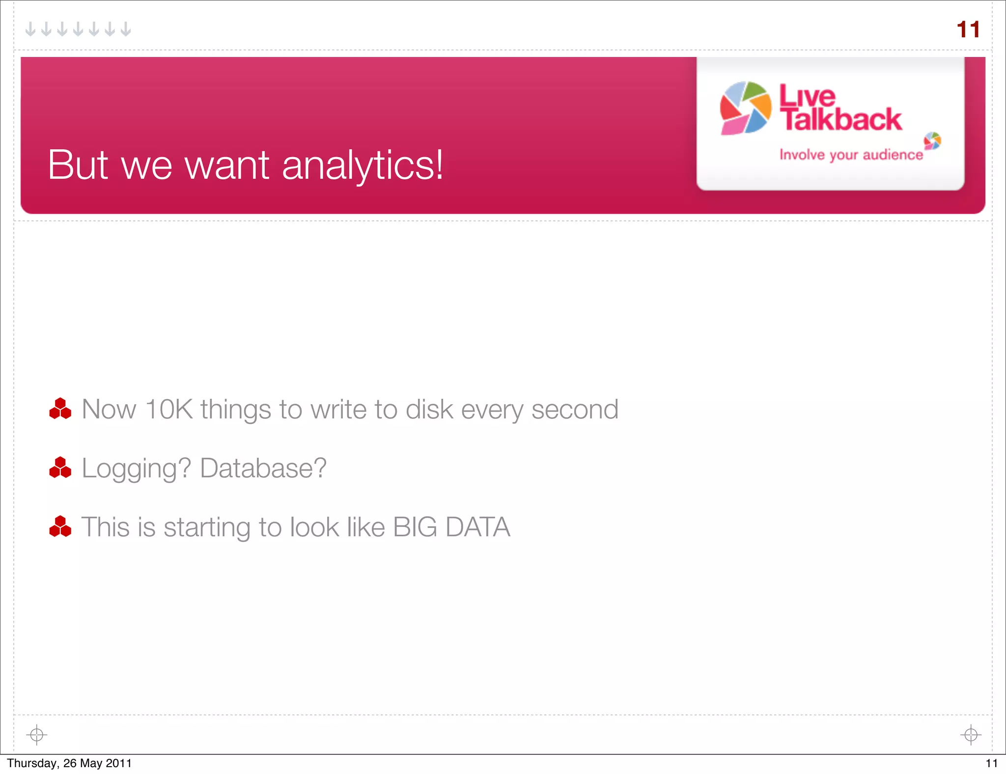 11




      But we want analytics!




            Now 10K things to write to disk every second

            Logging? Database?

            This is starting to look like BIG DATA




Thursday, 26 May 2011                                           11
 