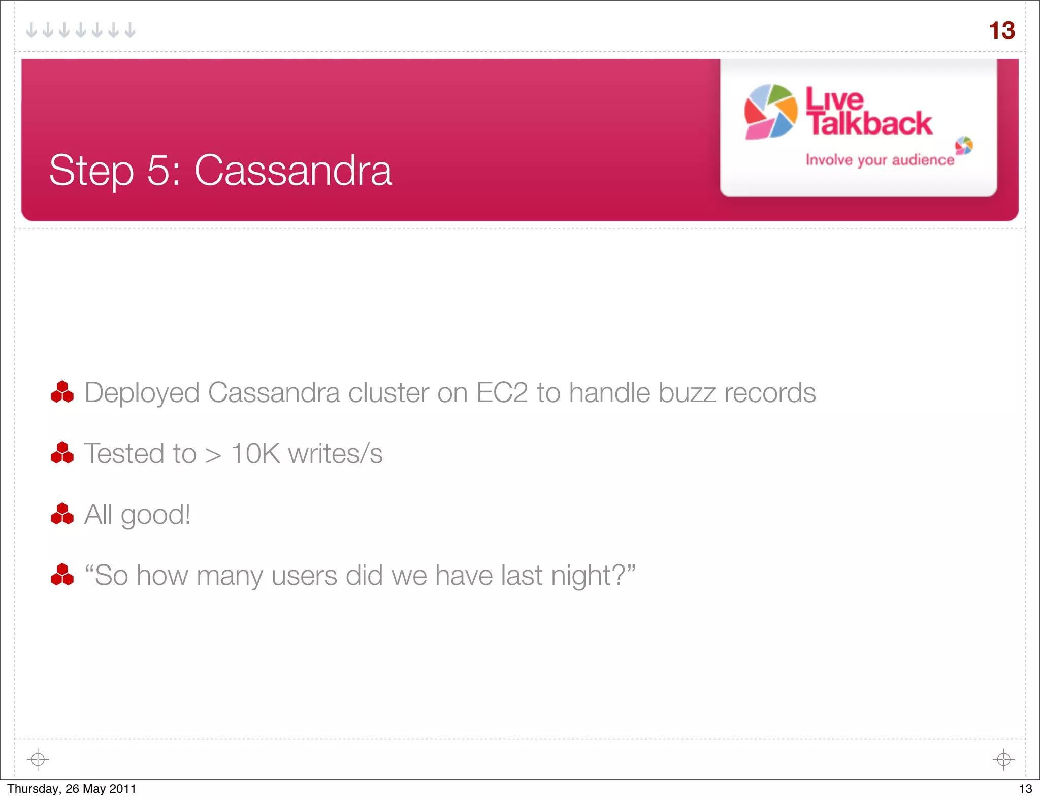 13




      Step 5: Cassandra




            Deployed Cassandra cluster on EC2 to handle buzz records

            Tested to > 10K writes/s

            All good!

            “So how many users did we have last night?”




Thursday, 26 May 2011                                                       13
 