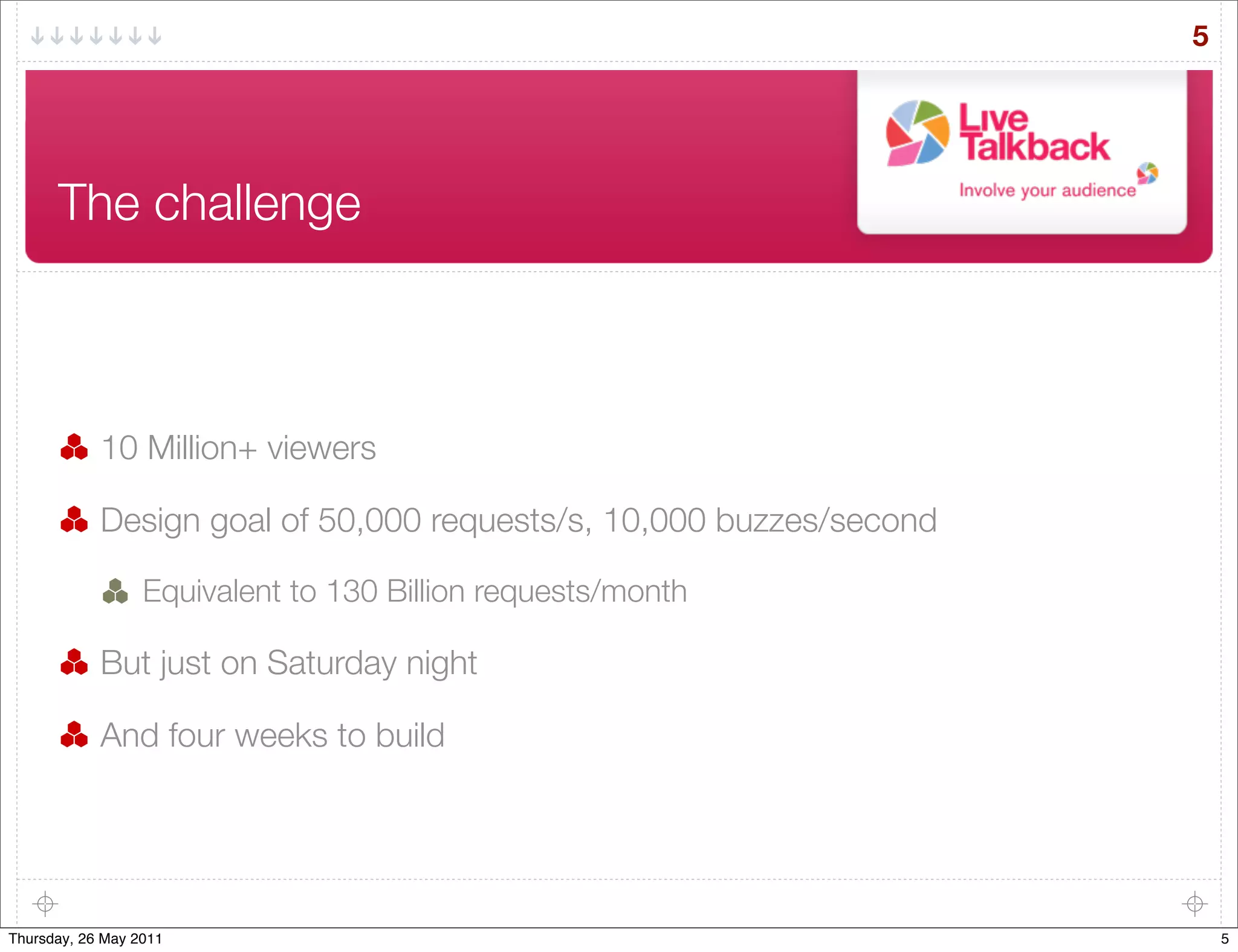 5




      The challenge



            10 Million+ viewers

            Design goal of 50,000 requests/s, 10,000 buzzes/second

                  Equivalent to 130 Billion requests/month

            But just on Saturday night

            And four weeks to build




Thursday, 26 May 2011                                                    5
 