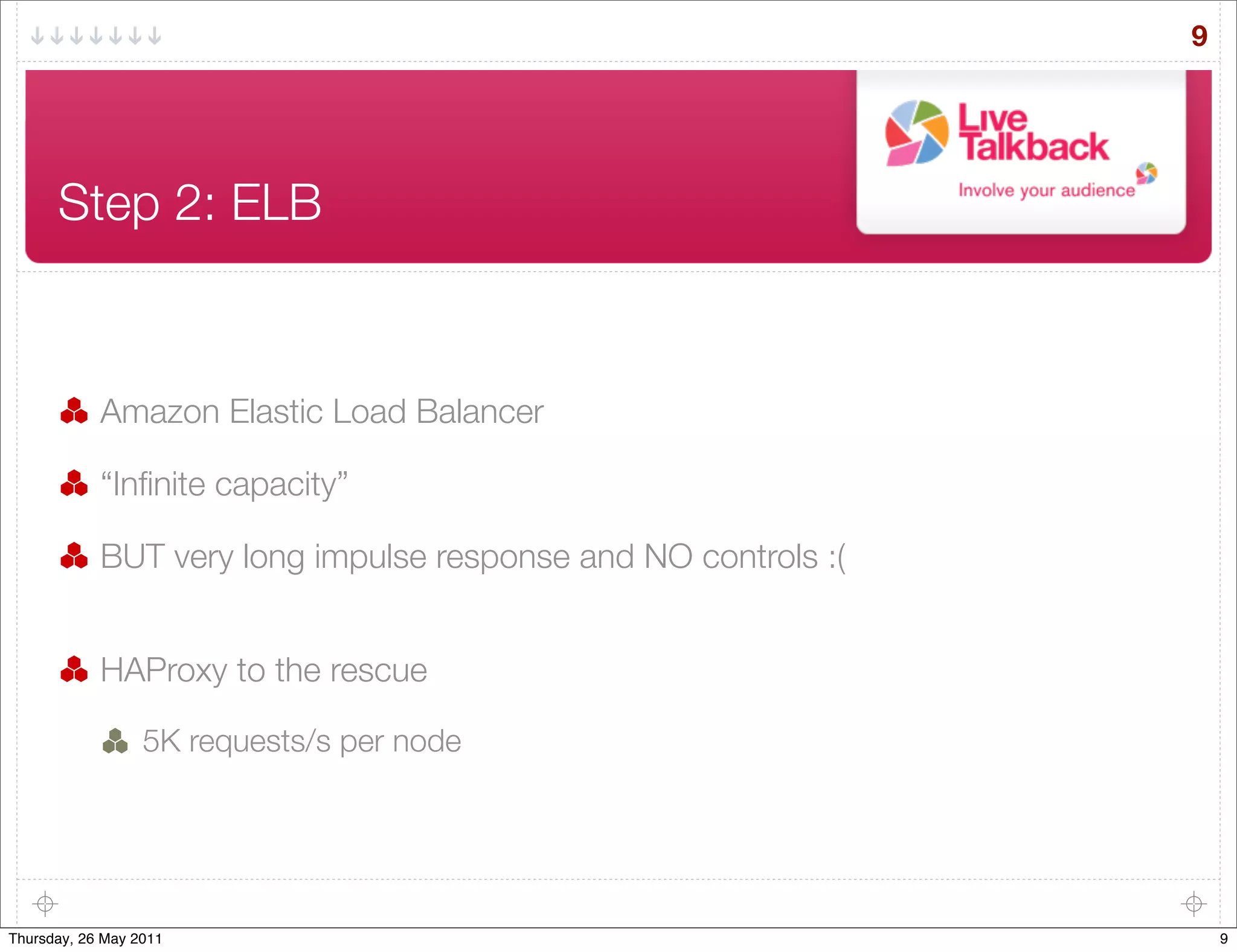 9




      Step 2: ELB



            Amazon Elastic Load Balancer

            “Inﬁnite capacity”

            BUT very long impulse response and NO controls :(


            HAProxy to the rescue

                  5K requests/s per node




Thursday, 26 May 2011                                               9
 