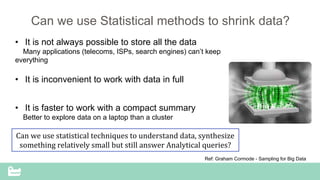 SnappyData Confidential – Do Not Distribute
Can we use Statistical methods to shrink data?
•  It is not always possible to store all the data
Many applications (telecoms, ISPs, search engines) can’t keep
everything
•  It is inconvenient to work with data in full
•  It is faster to work with a compact summary
Better to explore data on a laptop than a cluster
Ref: Graham Cormode - Sampling for Big Data
Can	
  we	
  use	
  statistical	
  techniques	
  to	
  understand	
  data,	
  synthesize	
  	
  
something	
  relatively	
  small	
  but	
  still	
  answer	
  Analytical	
  queries?	
  
 