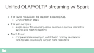 SnappyData Confidential – Do Not Distribute
Unified OLAP/OLTP streaming w/ Spark
●  Far fewer resources: TB problem becomes GB.
○  CPU contention drops
●  Far less complex
○  single cluster for stream ingestion, continuous queries, interactive
queries and machine learning
●  Much faster
○  compressed data managed in distributed memory in columnar
form reduces volume and is much more responsive
 