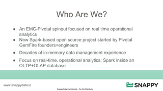SnappyData Confidential – Do Not Distribute
Who Are We?
●  An EMC-Pivotal spinout focused on real time operational
analytics
●  New Spark-based open source project started by Pivotal
GemFire founders+engineers
●  Decades of in-memory data management experience
●  Focus on real-time, operational analytics: Spark inside an
OLTP+OLAP database
www.snappydata.io
 